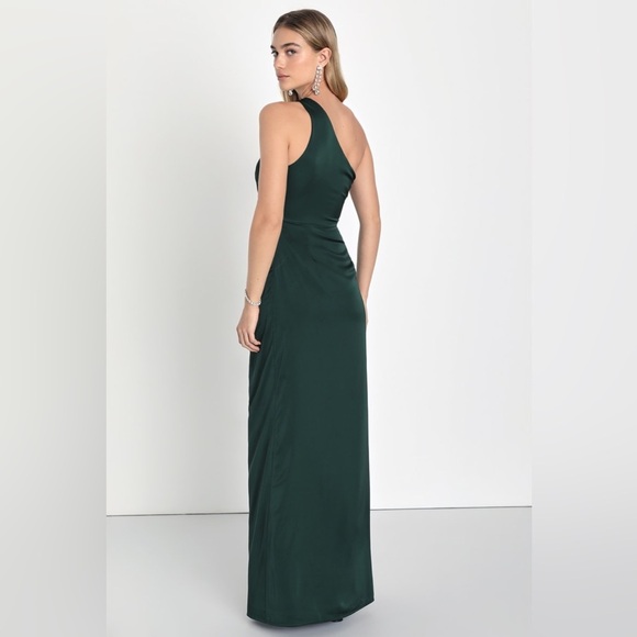 NWT Lulus Dreaming of Elegance Emerald Satin One-Shoulder Maxi Dress, Size Small - Picture 3 of 15